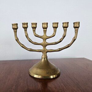 Vintage Solid Brass 7 Branch Menorah, Marked 'Jerusalem'